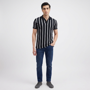 Chemise Homme 100% Coton à Manches Courtes, Coupe Ajustée, Rayures Verticales Noires et Blanches Brodé, Tissu Tricoté Respirant avec Poche - Product Image 1