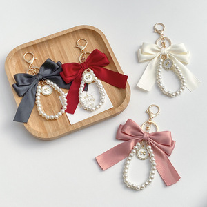 Large Creative Color Ribbon Cloth Knot Metal Key Chain Pendant New Ladies Bag Accessories with Bow Pearl Design