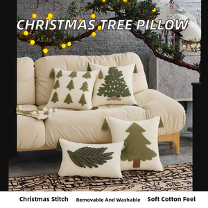 Housse de coussin décorative portable pour canapé, motif brodé vert vintage de plantes et sapins de Noël - Product Image 2