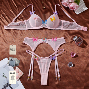 Franse stijl meisjes bh en slip van roze mesh, transparant, dun lingerie set met kousenband, 3-delig lingerie set, sexy damesondergoed - Product Image 1