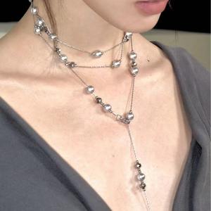 Collar de perlas grises plateadas con diseño de estrella, collar largo de cuentas, diseño exclusivo, cadena para suéter, cadena para clavícula de mujer, accesorio. - Product Image 2