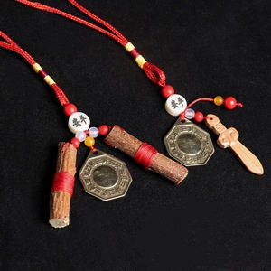 Pendentif en bois de pêcher, miroir Bagua en cuivre pur, forme octogonale, cordon rouge, décoration d'intérieur, amulette en cristal Feng Shui - Product Image 1