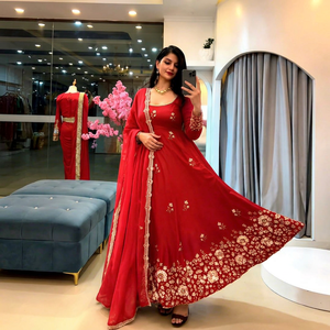 <b>Red</b> Embroidered Floor-Length Anarkali Suit Women Traditional Indian Pakistani Wedding Wear Loose Fit Polyester Dress - Product Image 1