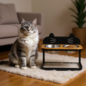 Ciotole Doppie in Acciaio Inossidabile Rialzate a Forma di Orecchio di Gatto per Gatti da Interno Stile Moderno - Product Image 2