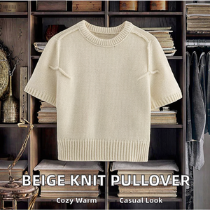 Maglione Pullover Vintage da <span class=keywords><strong>Donna</strong></span>, Casual e alla Moda, <span class=keywords><strong>Beige</strong></span> Intrecciato Traspirante con Maniche Corte e Collo Tondo per l'Autunno - Product Image 2