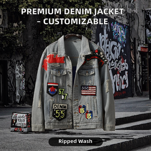 Veste en jean vintage de qualité supérieure, style patchwork, avec délavage effet usé et design respirant, disponible en stock ou personnalisable. - Product Image 2