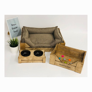 Cama de perro de madera elevada moderna personalizable de mediados de siglo con cuencos de vidrio y plástico, Marco y muebles de cama elevada para gatos - Product Image 1
