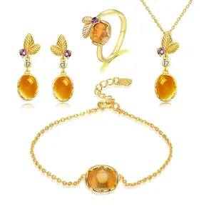 V022 Leaf Natural Gemstone Oval Citrine 925 Sterling Silver Earrings Ring And Necklace Jewelry Set For Women