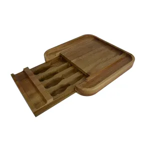 बबूल की लकड़ी का पनीर बोर्ड सेट छिपा हुआ दराज भोजन परोसने वाला चारक्यूरी बोर्ड चाकू सेट के साथ बांस पनीर बोर्ड