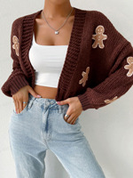 Cardigan en tricot pour femme, motif pain d'épices, ouvert sur le devant, à manches longues, pull de fête, haut décontracté pour superposition, collection automne-hiver