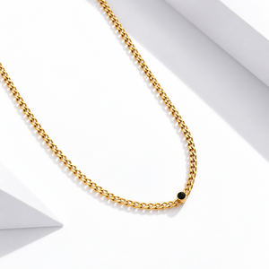 Gold Curb Chain Necklace Stainless Steel 14K Gold Vacuum Plated <b>Black</b> Zircon Accent 40+5cm - Product Image 1