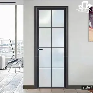 Black color slim narrow frame aluminum safety double glazed interior french glass swing door for restroom