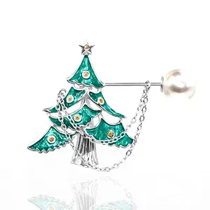 New Unique Fine Jewelry Designer Rhodium Plated 925 Sterling Silver Natural Freshwater Pearl Enamel Christmas Trees Brooch