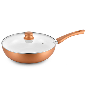 Multifunción 28cm La <span class=keywords><strong>mejor</strong></span> cocina Antiadherente Cocina Mango de madera Corea Aluminio Cerámica <span class=keywords><strong>Wok</strong></span> Pan con tapa de vidrio - Product Image 1