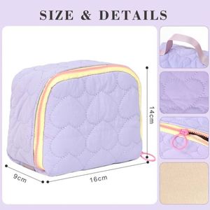 Canvas <b>Heart</b> Quilted Makeup <b>Bag</b> with Colorful Zipper and Shoulder Handle Portable Cosmetic Organizer - Product Image 2