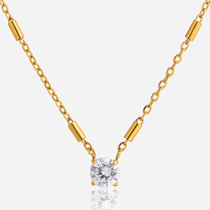 Pendentif solitaire géométrique rond en zircon, collier en acier inoxydable, bijoux à porter au quotidien pour femmes - Product Image 1