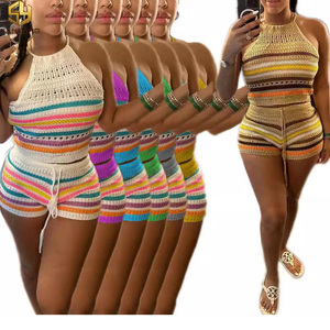 2025 nuova estate unica donna Street Wear vestito in maglia senza maniche striscia <span class=keywords><strong>Crop</strong></span> <span class=keywords><strong>Top</strong></span> e pantaloncini abbinati Set 2 pezzi - Product Image 1