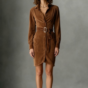Abito Camicia Corto da Donna in <span class=keywords><strong>Velluto</strong></span> Scamosciato Autunnale con <span class=keywords><strong>Maniche</strong></span> <span class=keywords><strong>Lunghe</strong></span>, Colletto, Bottoni e Cintura Sehe Fashion - Product Image 1