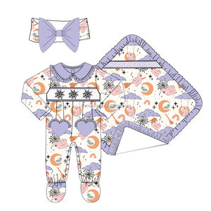 Mono con estampado de calabaza de Bajo MOQ, mono de manga larga con cuello Peter Pan, detalles de lazo y bordado, mameluco personalizado de Halloween para niña - Product Image 5