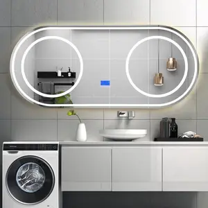 Espelho de banheiro grande com detecção de corpo Bluetooth, desenho moderno, multifuncional, com remoção de neblina, LED e data, grande, com detecção de corpo