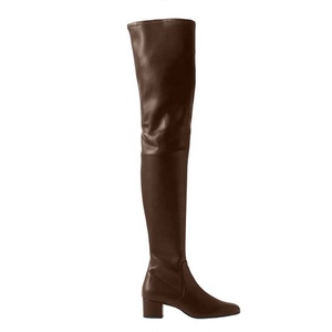 Bottines en cuir marron pour femmes, talons carrés bas fantaisie de 4 cm, grandes pointures US 13, bottes longues au-dessus du genou pour femmes aux pieds larges - Product Image 6