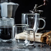 Mug à café en verre soufflé à la main, double paroi, réutilisable, en borosilicate, avec poignée, 350 ml (12 oz), logo personnalisé