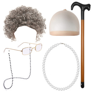 ชุดคอสเพลย์ยายหญิงชราแต่งตัวตลกกับหมวกวิกผมสร้อยคอมุกแว่นสายตาสายโซ่ชุดยายจริงสำหรับเด็กผู้หญิง - Product Image 6