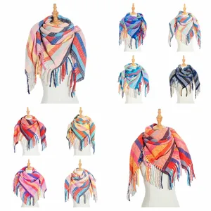 Unisex circle yarn striped grid polyester fringed brush woven long scarf shawl