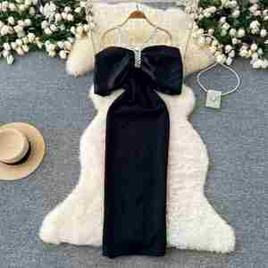 Robe longue décontractée pour femme, col halter, en tissu écologique, taille naturelle, ornée de diamants, rouge, noir, blanc, coupe trapèze, lavable, sans manches, pour l'été - Product Image 3