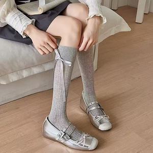Japanese Style Bow Tie Knee <b>Socks</b> Gray Women's Breathable Sweat Absorbing Odor Resistant Solid Color JK <b>Socks</b> Ballet Style - Product Image 1