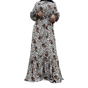 6373 #   Vestidos Musulmanes Vintage Étnicos Florales Ligeros de Poliéster Transpirable Antiarrugas con Estiramiento en Cuatro Direcciones, Manga Larga y Cintura Alta - Product Image 3