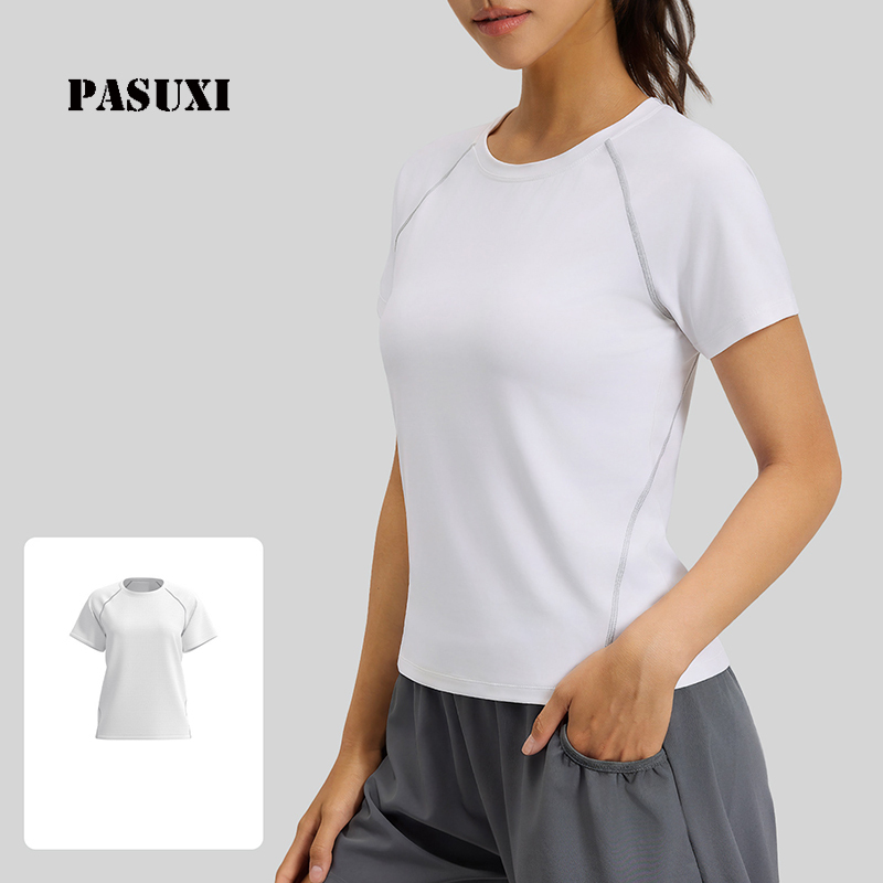 PASUXI Women Yoga Top Short Sleeve Breathable Moisture Wicking Sportswear Solid Gym Fitness Workout Regular Fit Athleisure Front