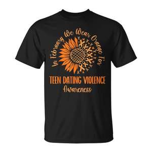 T-shirt promozionale con girasole arancione per la consapevolezza sulle violenze nei rapporti di fidanzamento tra adolescenti - Categoria Febbraio - Product Image 1