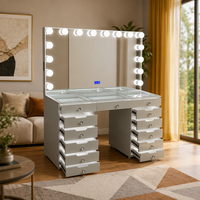 Miroir de coiffeuse de salon de beauté en pin à panneau unique, design réglable, éclairage LED lumineux, grand rangement, pour salon de coiffure
