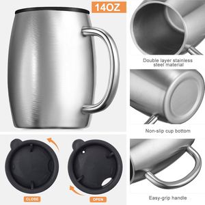 Custom logo 14oz <b>Cold</b> Drinks Coffee <b>Cups</b> With Spill Resistant Lid Strong Handle Stainless Steel Insulated Travel Coffee Mugs - Product Image 3