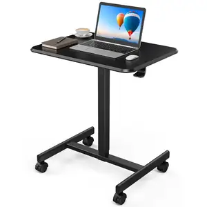 Wood Mobile Rolling Laptop Cart Pneumatic Adjustable Height Sit Stand Computer Desk with Lockable Wheels for Home