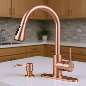 Robinet de cuisine moderne Apaso finition or rose, monocommande avec douchette extractible, 1 trou, montage sur plan avec distributeur de savon - Product Image 2