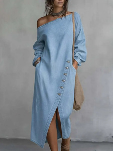 <span class=keywords><strong>Vestido</strong></span> <span class=keywords><strong>Vaquero</strong></span> de Manga Larga con Hombro Diagonal Asimétrico y Botones, Estilo Holgado, Colección Primavera-Otoño 2026 - Product Image 2