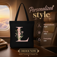 Cadeaux de diplôme personnalisés pour femmes, sacs fourre-tout en toile avec initiale L, doublure en polyester (noir)