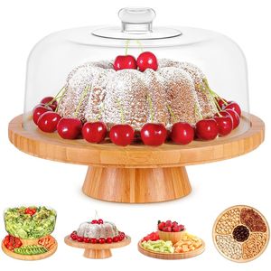 Glazen Koepeldeksel Met Bamboe Bord Rond Dessertbord Doorzichtige <span class=keywords><strong>Cake</strong></span> Stand <span class=keywords><strong>Cake</strong></span> Cakedisplay - Product Image 3