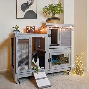 Chilochilo Rabbit Hutch Indoor Bunny Cage with Run Outdoor Rabbit House with Two Deeper No Leak Trays