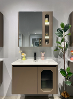 Set Meja Rias Kamar Mandi yang Dipasang di Dinding dengan Kabinet Cermin LED Pintar Warna Cokelat Kopi dan Wastafel Keramik