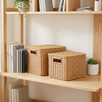 Panier de rangement rectangulaire moderne et écologique en osier synthétique fait main avec couvercle et poignée pour bureau