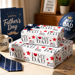 Papel de Regalo para el Día del Padre con Diseño de Estrellas Rojas y Corazones con Bigote, Papel Artístico de Doble Cara con la Frase 'I Love My Dad' - Product Image 2