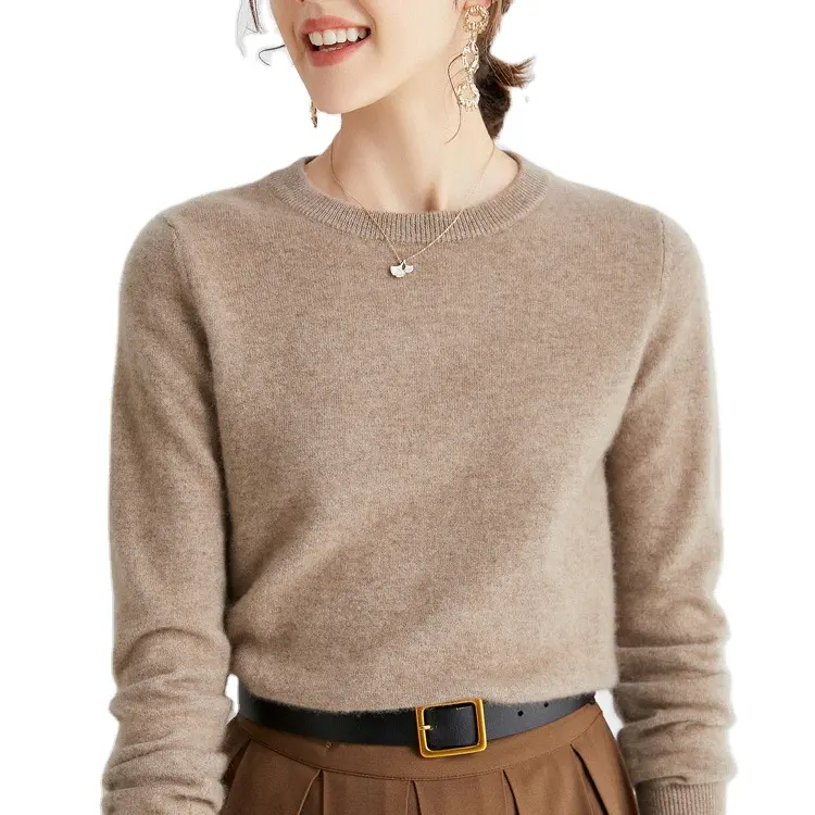 Sweater kasmir wanita lengan panjang, Sweater rajut leher O warna Solid ringan, Sweater hangat kasual untuk wanita 100%