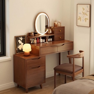 Table de maquillage intelligente moderne en bois gris avec miroir lumineux, armoire et chaise – Meuble de chambre à coucher - Product Image 3