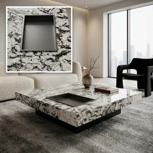 Tavolino da Caffè Quadrato in Quarzite Patagonia Luca |   Piano in Pietra Nera Lucida con Venature di Cristallo e Base Nera Opaca, Realizzato su Misura per Ville e Hotel - Product Image 5