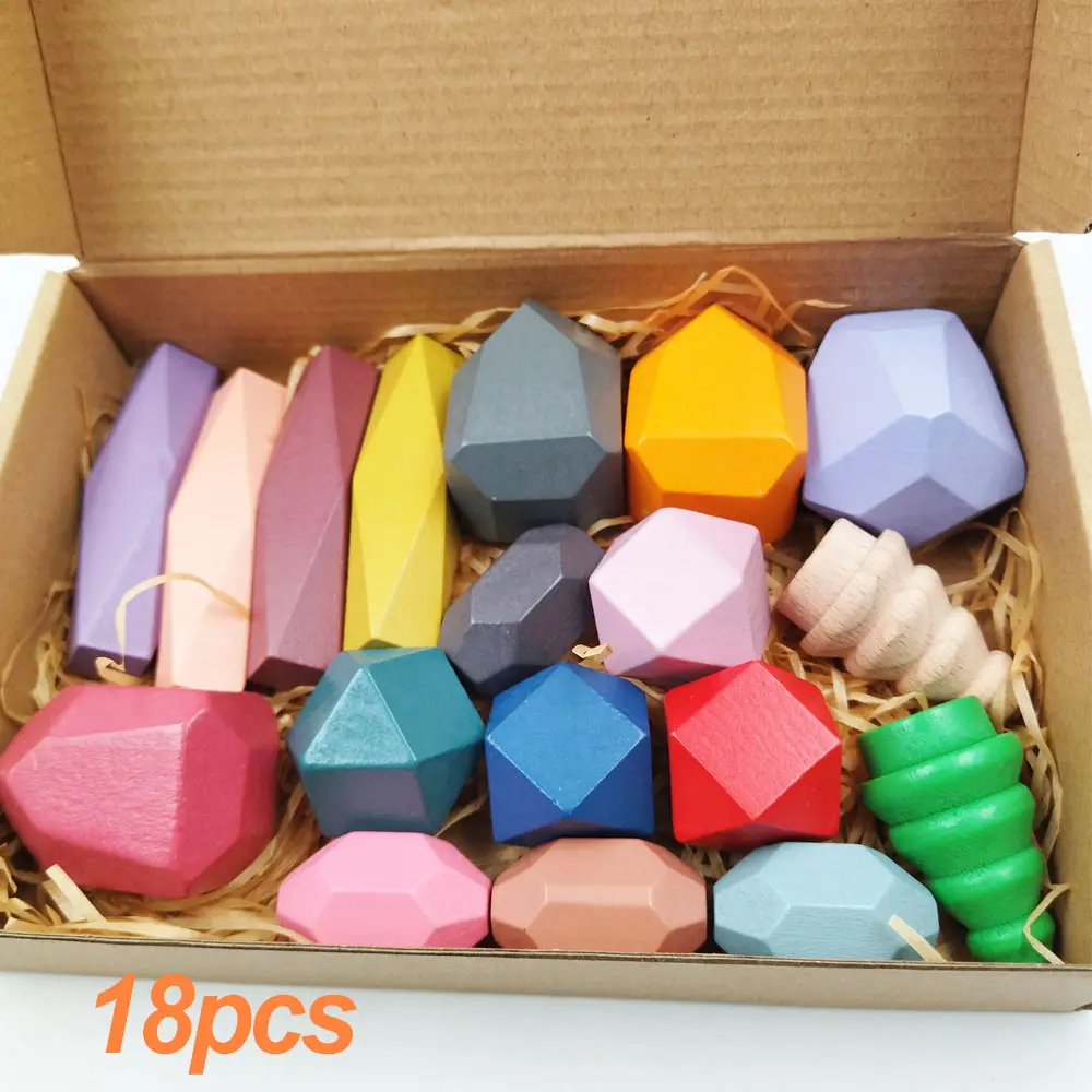 YH Educational Toys Wooden Building Blocks Rainbow Wooden Balancing Stones Rocks Wooden Stacking Toys Montessori Toys for Kids