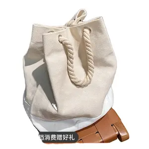 Customized Large Rope Carrying Tote Bag Sturdy Canvas Reusable Grocery Shopping Beach Rope Carrying Tote Bag