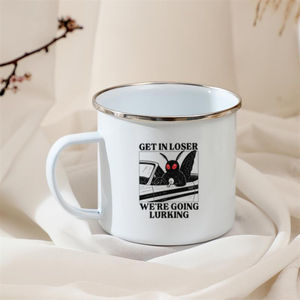 Tazze in smalto personalizzate all'ingrosso per amanti della leggenda urbana, tazze da caffè, tazze per bevande e latte, con design Mothman e scritta 'Get in Loser We're Going Lurking' - Product Image 1